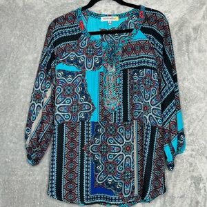 Figueroa & Flower Large Shirt Top Blue Paisley 3/4 Sleeve Keyhole Scoop Neck